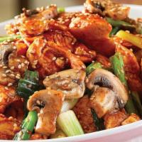 Spicy Hibachi Chicken  · Chicken breast grilled with green onions and mushrooms in a special spicy homemade sauce.