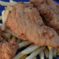 Chicken Tenders · Three all-white meat chicken tenders / tres tiras de pechuga de pollo empanizada.