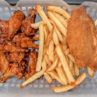 Wings & Fish · 10 wings & 1 piece of fish, served with fries, tartar sauce and Bleu cheese.