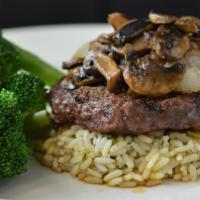 Lch Angus Chopped Steak · 8 oz topped with sautéed mushrooms and onions, served with two side items