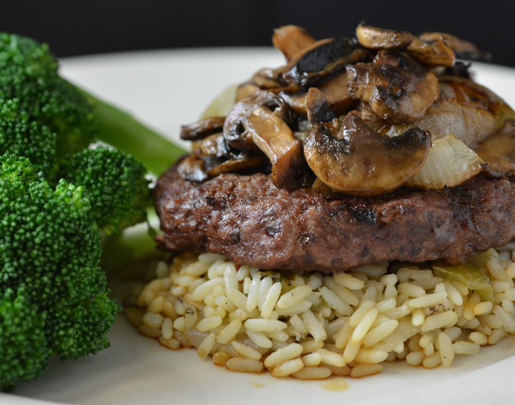Lch Angus Chopped Steak · 8 oz topped with sautéed mushrooms and onions, served with two side items
