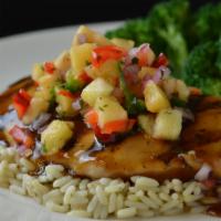 Lch Teriyaki - Glazed Grilled Chicken · With pineapple relish, rice pilaf, steamed broccoli