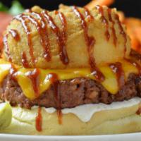 Lch Beyond Burger · Plant-based, cheddar, fried onion ring, chipotle ranch, BBQ sauce, brioche bun, sweet potato...