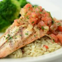 Lch Grilled Rainbow Trout · 4 oz fillet, seasonal topping, rice pilaf, steamed broccoli