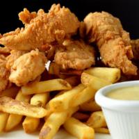 Crispy Chicken Tenders With Chop House Fries · BBQ and honey mustard sauce, fries