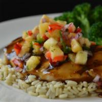 Teriyaki-Glazed Grilled Chicken · Fresh honey pineapple relish, rice pilaf, steamed broccoli