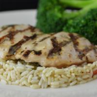 Rosemary Grilled Chicken Breast · Rice pilaf, steamed broccoli
