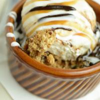 Caramel Cookie Crunch · Freshly baked caramel cookie (contains nuts), homemade Vanilla Bean ice cream, chocolate, ca...