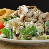 Grilled Chicken Salad · Tossed with black olives, feta, cucumber, onion, rice noodles