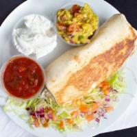 Burritos · Rice beans, lettuce, tomato, onion, cilantro, and cheese. Served with sour cream and salsa.