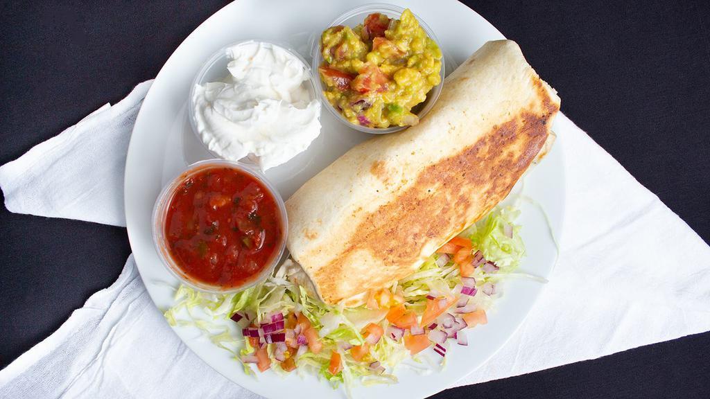 Burritos · Rice beans, lettuce, tomato, onion, cilantro, and cheese. Served with sour cream and salsa.