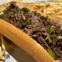 Ohh Philly Goose · Philly steak, onions, green peppers, mayo, American cheese on a 8'' hoagie roll.