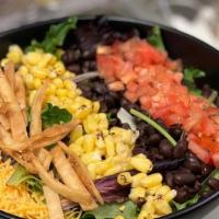 Southwest Salad · Spring mix, corn, black beans, tomatoes, tortilla strips , cheddar cheese and poblano avocad...