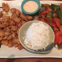 Hibachi Chicken · Served with chicken broth soup, salad, grilled vegetables, and steamed rice.