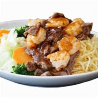 Beef And Shrimp Teriyaki · Served with mixed vegetables and white rice.
