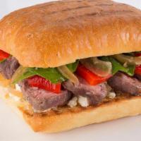 Grilled Prime Steak Panini · Savory Tender Steak, Roasted Peppers, Blue Cheese Crumbles, Caramelzied Onions, Baby Greens,...