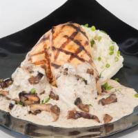 Fire-Grilled Chicken Entree · Baby Greens, Your Choice: Balsamic-Cabernet Reduction, Mushroom Cream Sauce, OR Coconut Curr...