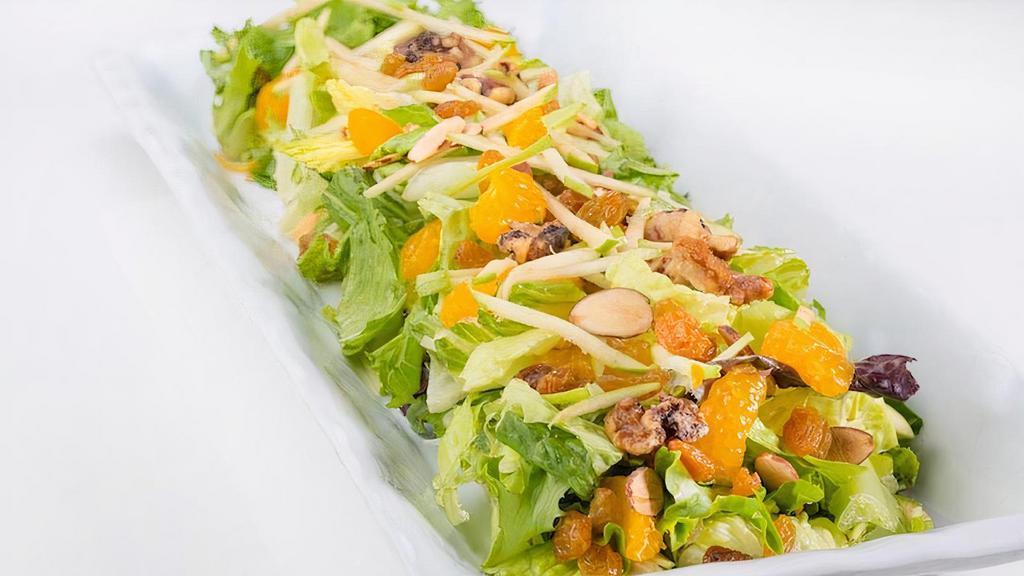 Market Salad** · Mixed Baby Greens, Mandarin Oranges, Candied Walnuts, Dried Cranberries, Golden Raisins, Apples, Toasted Almonds. Recommended Dressing: Balsamic Vinaigrette
