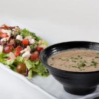 1/2 Mediterranean Salad** · Mixed Greens, Feta Cheese, Tomatoes, Kalamata Olive Salad, Grilled Onions, Toasted Almonds, ...