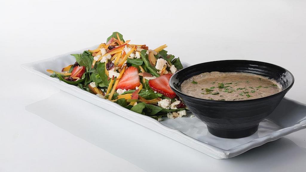 1/2 Spinach Salad** · Spinach, Seasonal Fruit, Strawberries, Toasted Almonds, Blue Cheese Crumbles, Dried Cranberries.. Recommended Dressing: Raspberry Vinaigrette