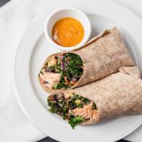 Southwest-Side (Swats) Wraps · Whole wheat wrap filled with a kale quinoa salad, black beans, and corn salsa salad, and chi...