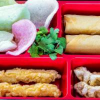 Appetizer Sampler · spring rolls (2 pcs), tempura shrimps (2 pcs), pork gyozas (2 pcs), shrimp chips (6 pcs)