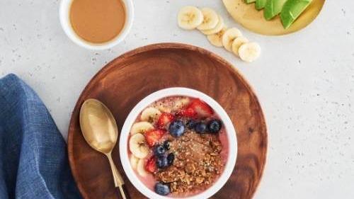Pb&J Bowl · A nostalgic lunch box flavor! Apple juice, peanut butter, avocado, strawberries, and bananas. Topped with granola, almond butter, strawberries, blueberries, bananas, hemp seeds, and local honey.