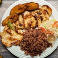 Pechuga De Pollo · Marinated grilled chicken breast served with your choice of rice, coleslaw, and one side.