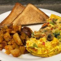 Veggie Omelette · broccoli, mushrooms, onion, peppers, tomato, swiss, homefries, white toast with butter
