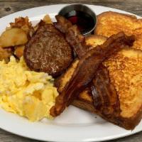 Hangover (French Toast) · 2 french toast, 2 scrambled eggs, 2 bacon strips, 2 sausage patties, homefries