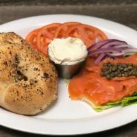 Lox Bagel · cream cheese, smoked salmon, capers, red onion, sliced tomato