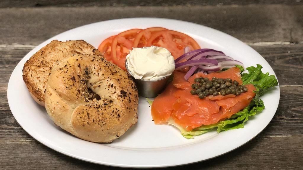 Lox Bagel · cream cheese, smoked salmon, capers, red onion, sliced tomato