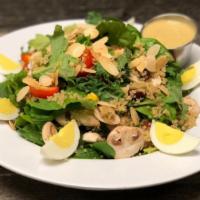 Grove Kale Salad · baby kale, spinach, mushrooms, chopped egg, tomatoes, quinoa, toasted almonds, dijon honey v...