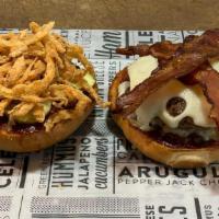 Bbq Bacon Burger · toasted kaiser roll, two 5oz fresh smashed burger patties, melted swiss, apple smoked bacon,...