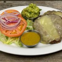 Cali Burger · two 5oz burger patties, lowfat swiss, served with leaf lettuce, sliced tomato, red onion, sm...