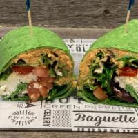 Design District Veggie Wrap · spinach wrap, hummus, cucumbers, kalamata olives, roasted peppers, feta cheese, tomato, spri...