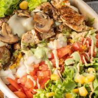 Grilled Chicken Chop Salad · Lettuce base, all natural grilled chicken, creamy mozzarella cheese, fresh tomatoes, onions,...