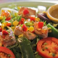 Salmon Salad · Grilled salmon over spring mix and iceberg lettuce with tomatoes, green peppers, cucumbers, ...