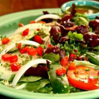 Caribe Salad · Spring mix and iceberg lettuce with tomatoes, green peppers, cucumbers, black olives, onions...
