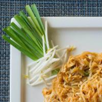 Phad Thai · Rice noodles, tamarind sauce, bean sprouts, fried tofu, peanuts, egg and Asian chives. Glute...
