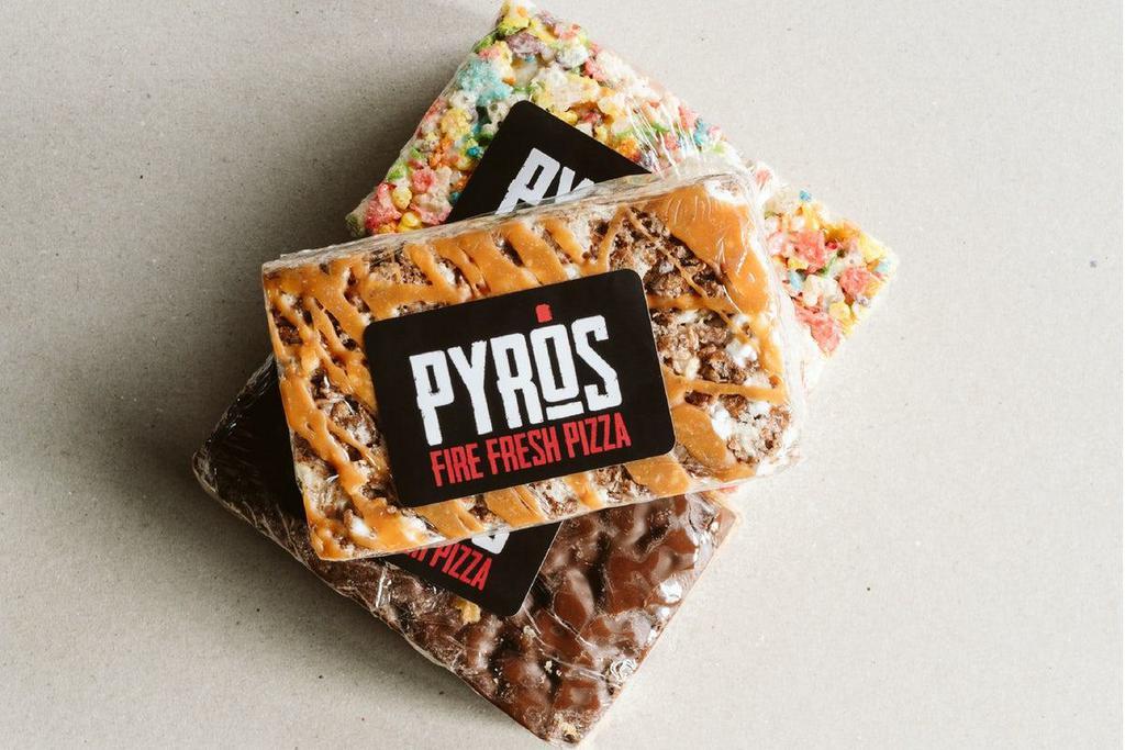 Crispy Bars · PYRO's take on the classic, sweet rice crispy treat. Your choice of classic, caramel, fruity or peanut butter chocolate.