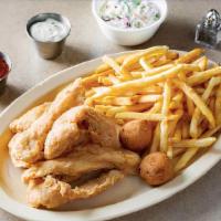 Chicken Tenders (3 Pc) W/ Sides · SERVED WITH CHICKEN TENDERS w/ SIDES (French Fries, Coleslaw, and Hushpuppy)