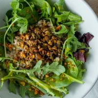 Turtle Bowl · Pumpkin Seed Pesto, arugula, cilantro oil, and spiced walnuts.  Pictured here as Rice & Gree...