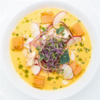 Mixto Ceviche · Peruvian style ceviche with fresh local seafood marinated in lime juice, aji Amarillo, sweet...