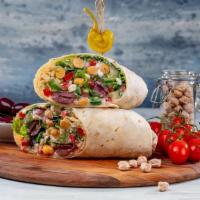 Greek Salad Wrap · Romaine Lettuce - Tomatoes - Red Onions _ Garbanzo Beans - Cucumbers - Kalamata Olives - Fet...