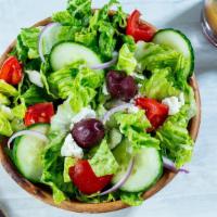 Side Salad · Crisp Romaine Hearts, Fresh Tomatoes, Cucumbers, Red Onions, Kalamata Olives, Feta and Greek...