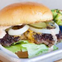 Cheeseburger With 1 Side · 1/3 lb custom ground beef patty with melted American cheese, lettuce, pickles, onions, and c...