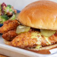 Fried Chicken Sandwich · Fried Chicken Tenders with Pickles and Honey Mustard.