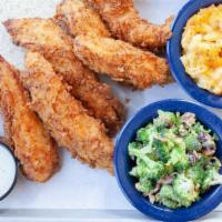 Fried Chicken Tenders · Six Southern Fried Chicken Tenders served with White Bread and a side of Honey Mustard.