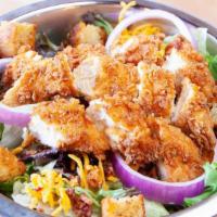 Country Salad · Fresh cut lettuce mix with your choice of it being topped with, Southern fried chicken tende...